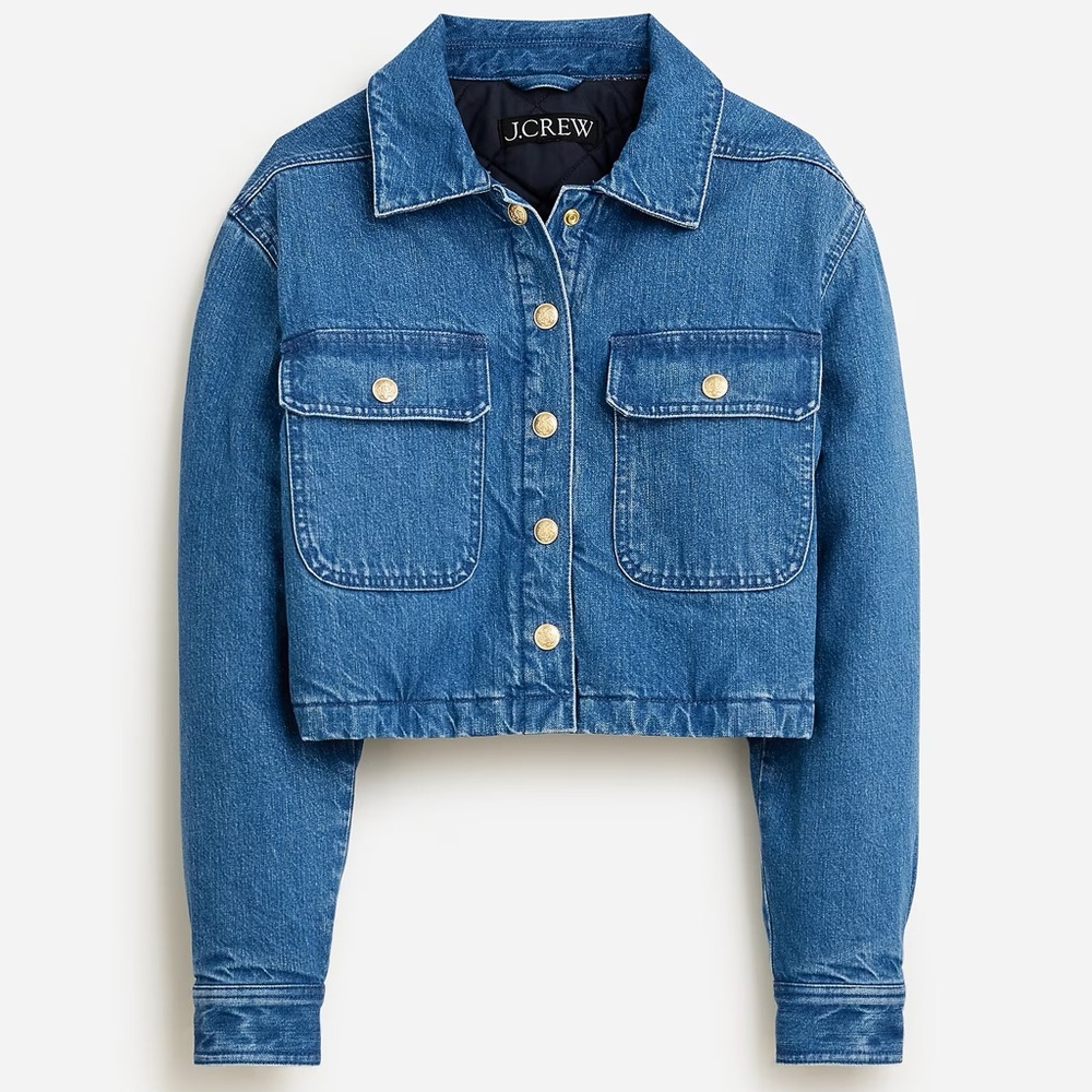 J. Crew small cropped denim puffer jacket